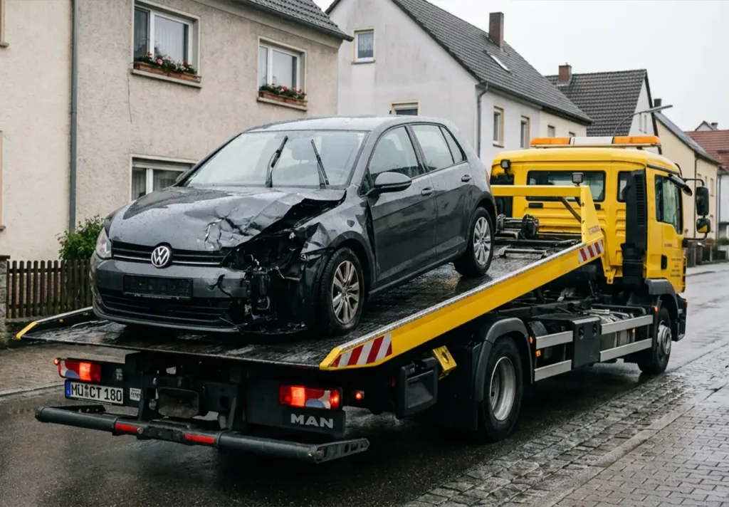 Unfallwagen mit wirtschaftlichem Totalschaden wird abgeschleppt