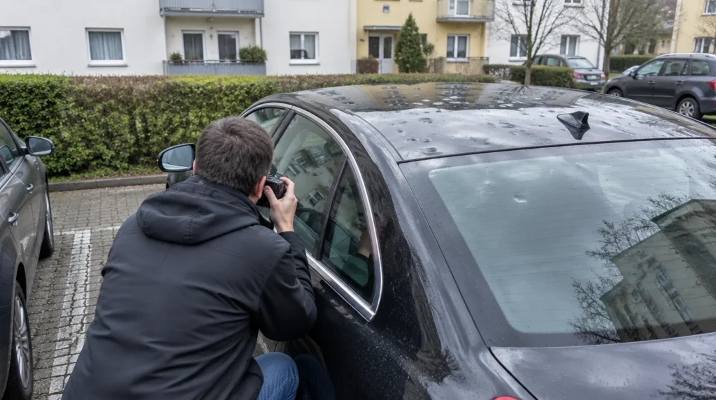 Kfz-Gutachter fotografiert Hagelschaden an einem schwarzen PKW auf einem deutschen Parkplatz