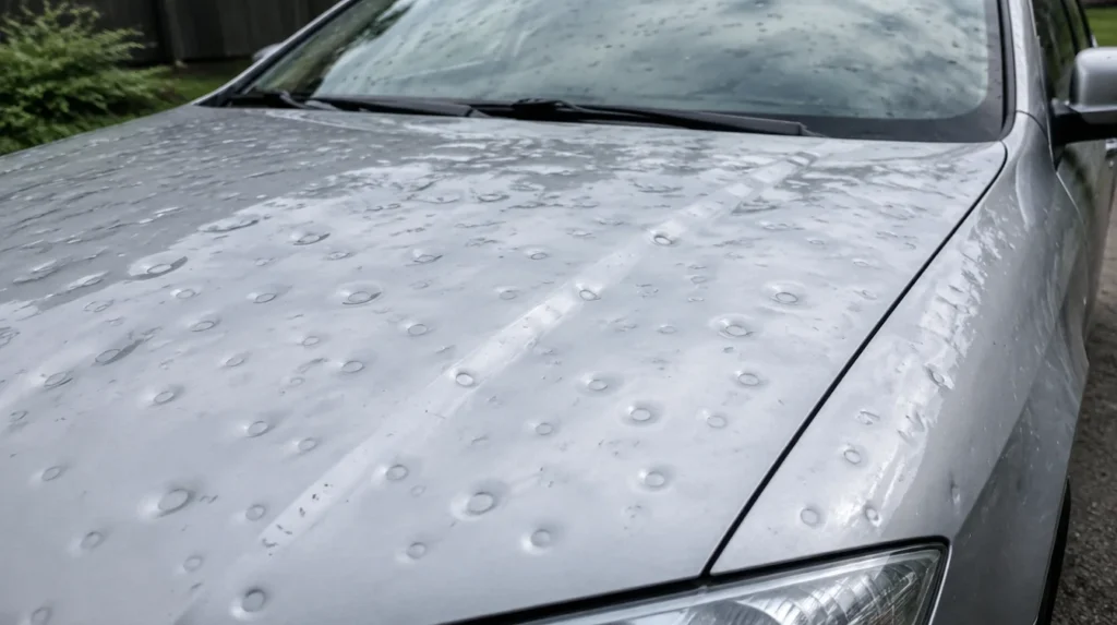 Hagelschaden am Auto – zahlreiche Dellen auf der Motorhaube eines silbernen PKW